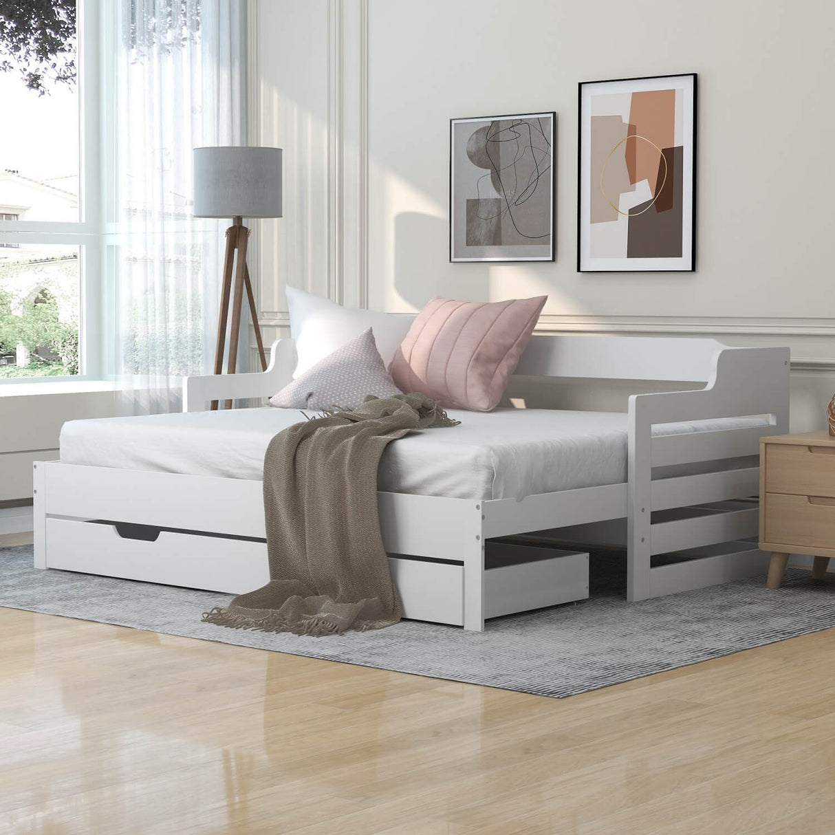 3FT Single Daybed with Trundle & Storage Drawer - Wooden Sofa Bed Frame