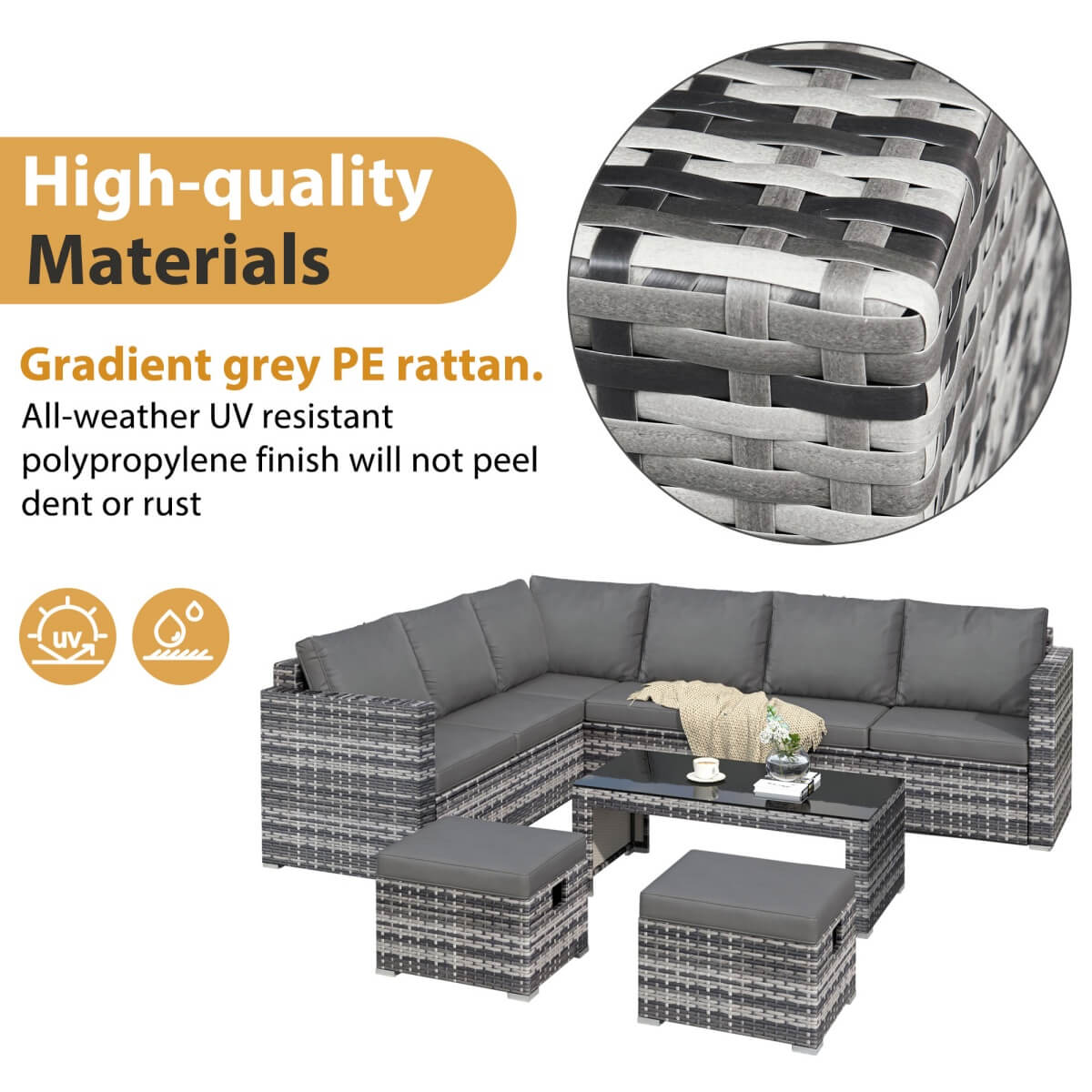 Garden Corner Rattan Sofa Set — Outdoor Furniture with Coffee Table & 2 Stools