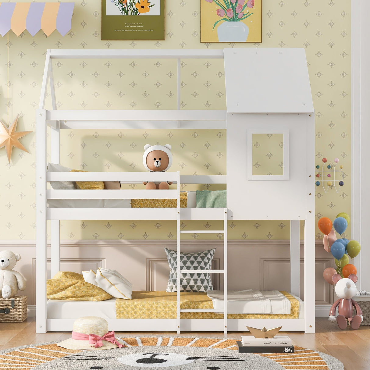 Bunk Bed, Children Cabin Bed, Single Bed for Kids, Twin Sleeper, 3FT, Solid Pine Wood, White