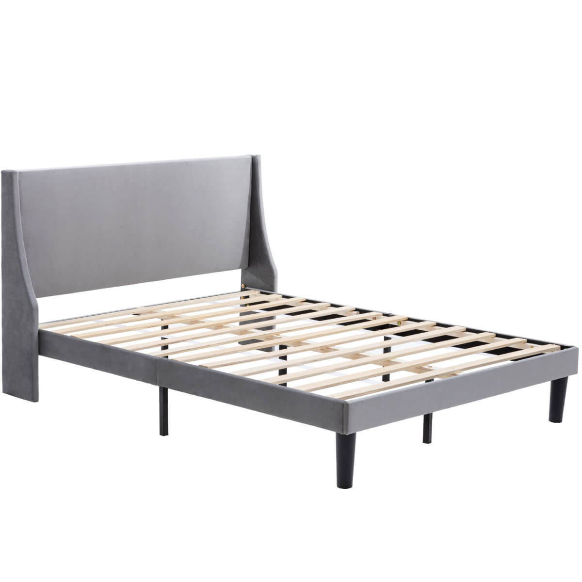 4ft6 Double Velvet Bed Frame - Winged Upholstered Headboard, Grey