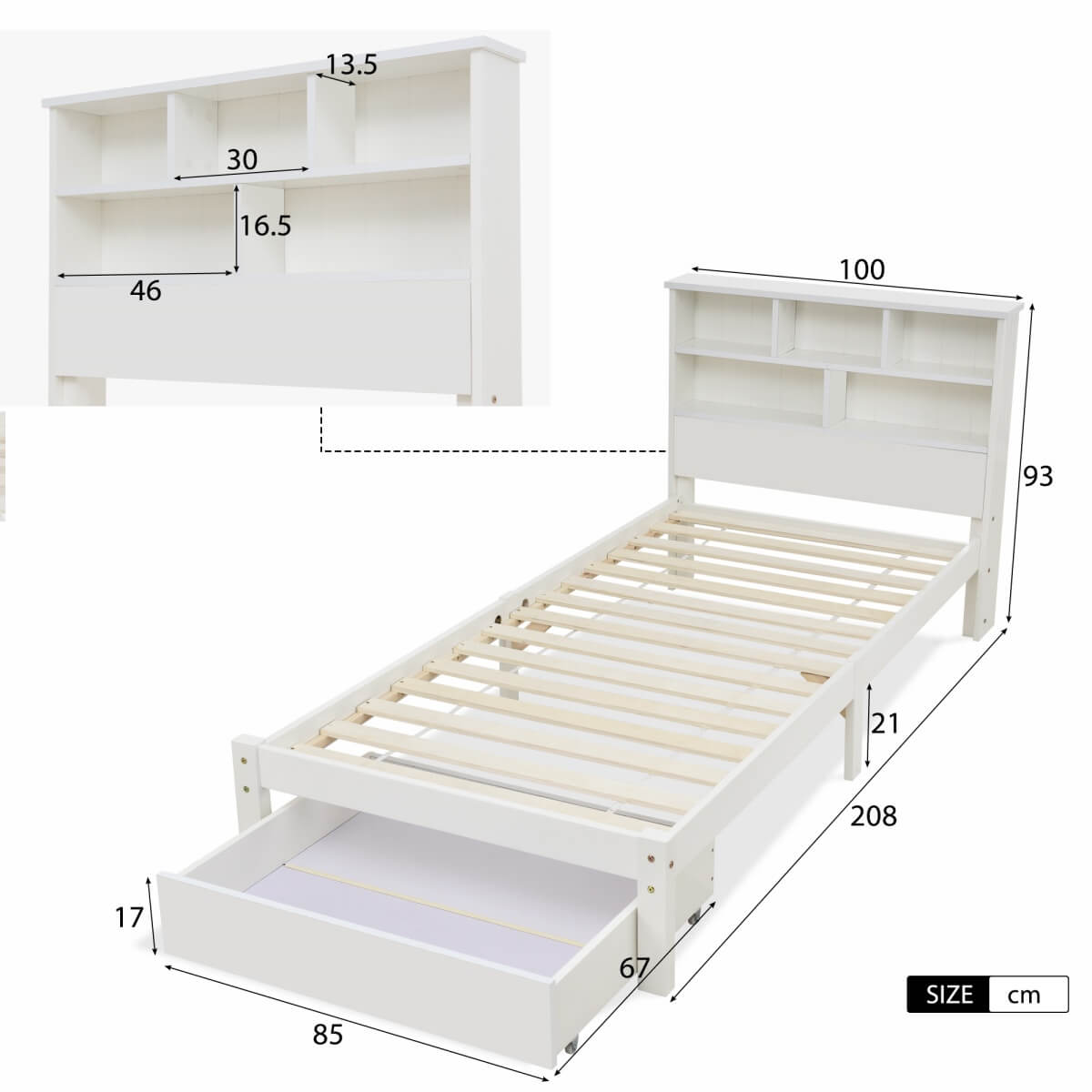 3FT Single Storage Bed with Shelves - White Wooden Bed Frame with Drawer