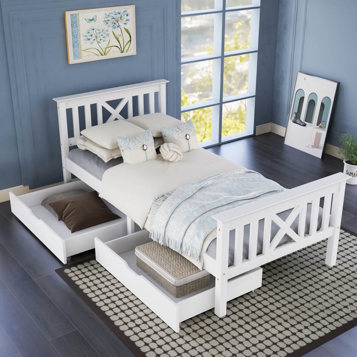 3ft Single Wooden Bed Frame with Storage Drawers - Solid Pine, White