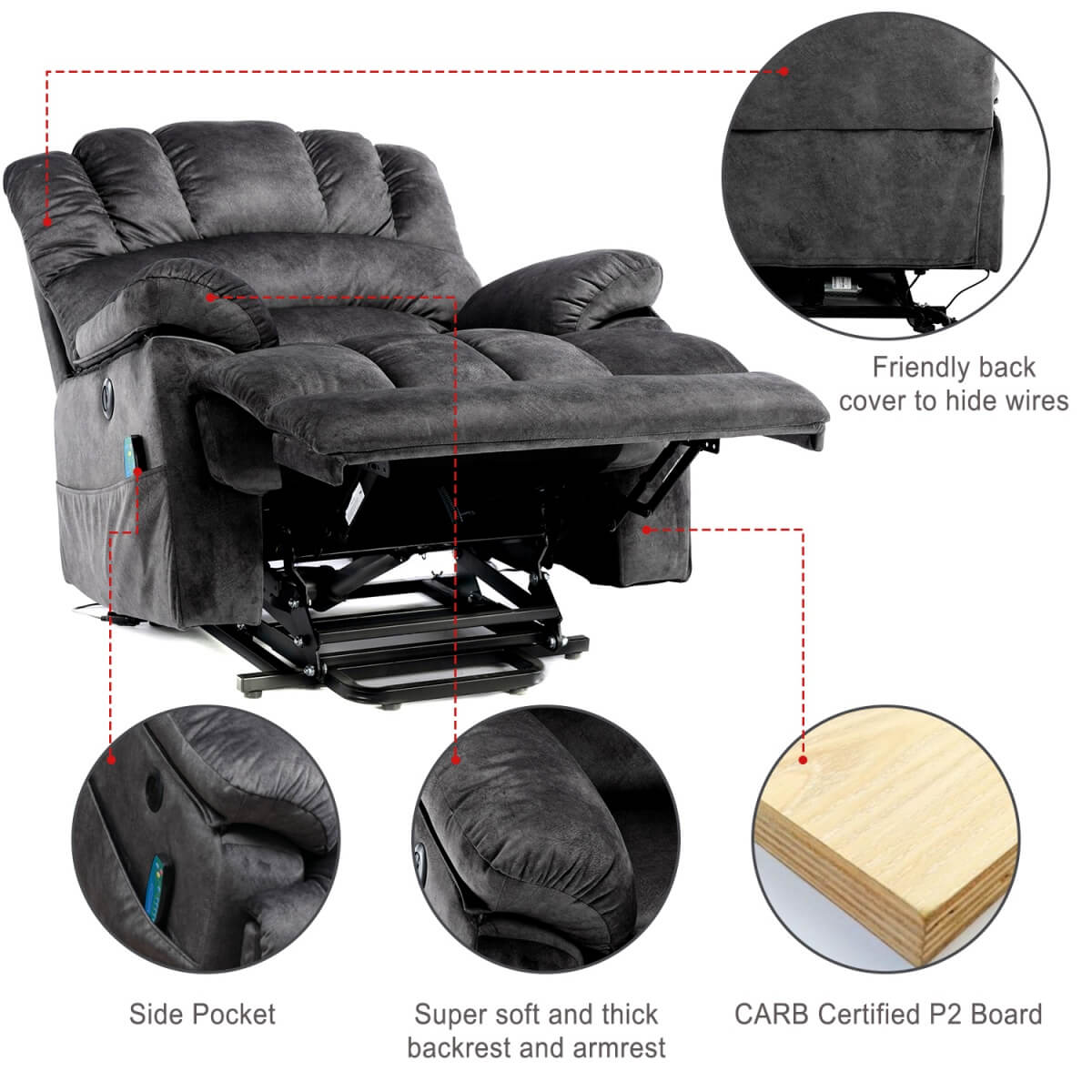 Electric Power Lift Recliner Chair - Massage and Heat, USB Ports, Side Pockets