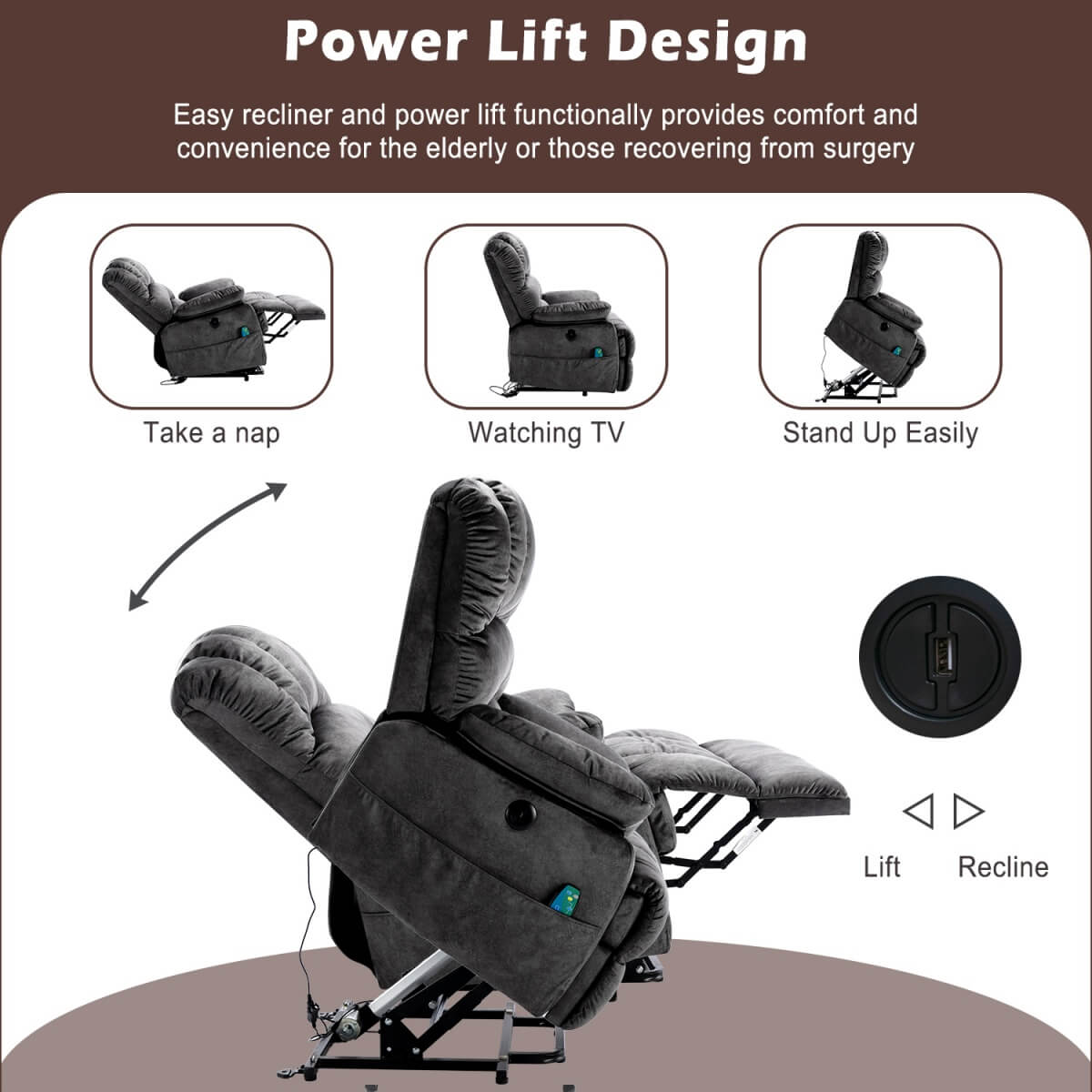 Electric Power Lift Recliner Chair - Massage and Heat, USB Ports, Side Pockets
