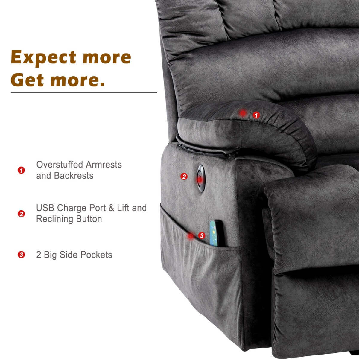 Electric Power Lift Recliner Chair - Massage and Heat, USB Ports, Side Pockets