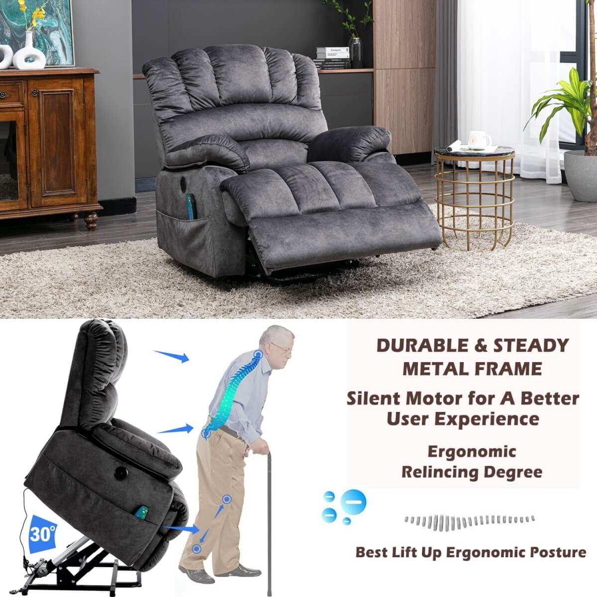 Electric Power Lift Recliner Chair - Massage and Heat, USB Ports, Side Pockets