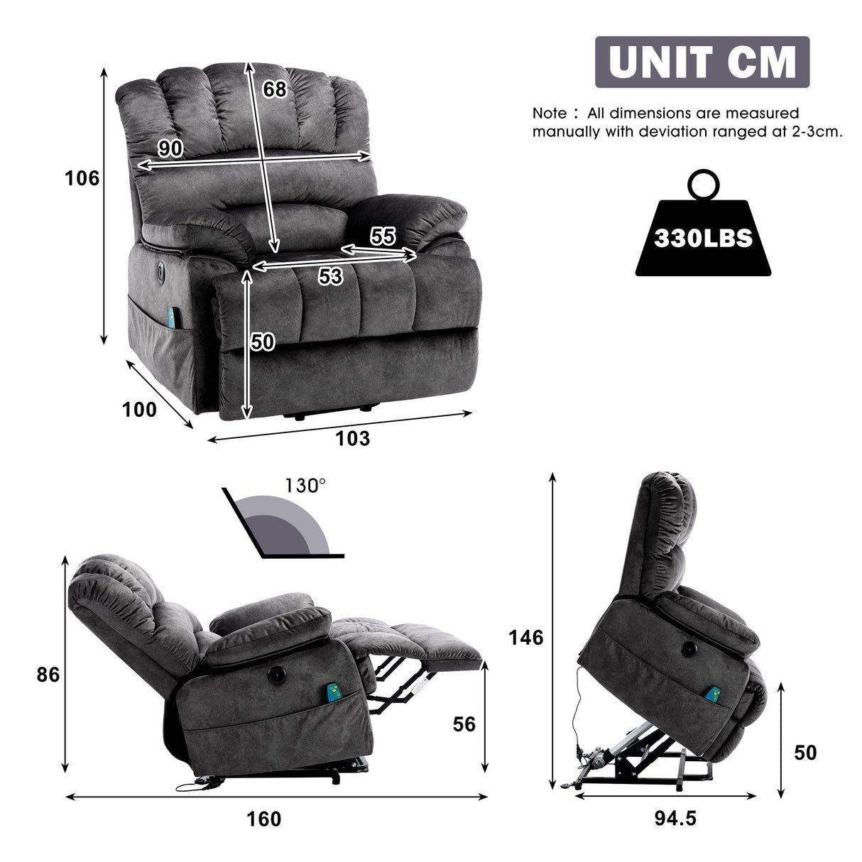Electric Power Lift Recliner Chair Sofa with Massage and Heat, 2 Side Pockets, USB Ports