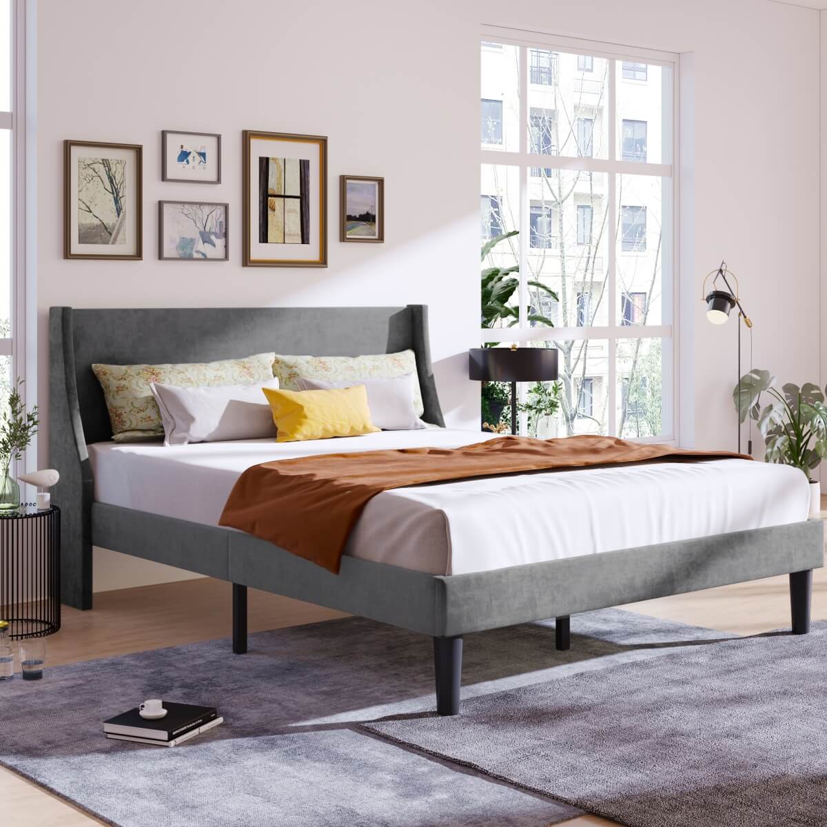 4ft6 Double Velvet Bed Frame - Winged Upholstered Headboard, Grey
