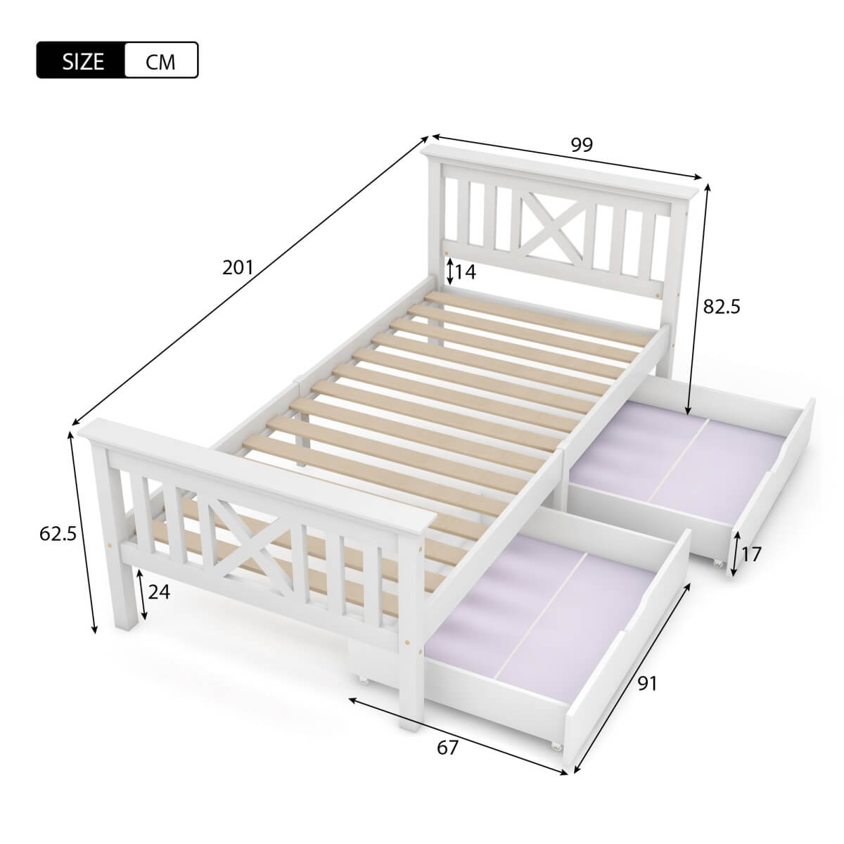 3ft Single Wooden Bed Frame with Storage Drawers - Solid Pine, White