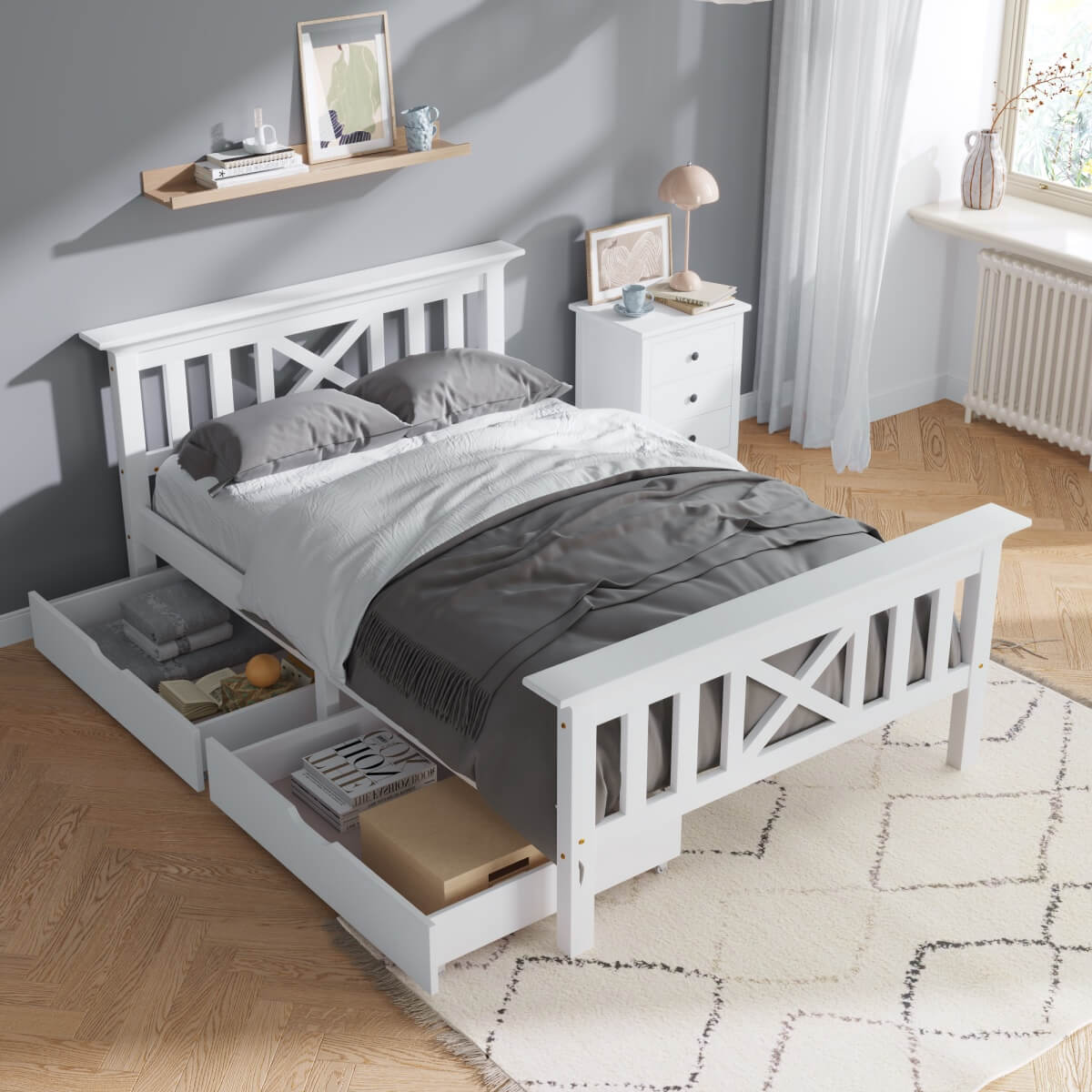 3ft Single Wooden Bed Frame with Storage Drawers - Solid Pine, White
