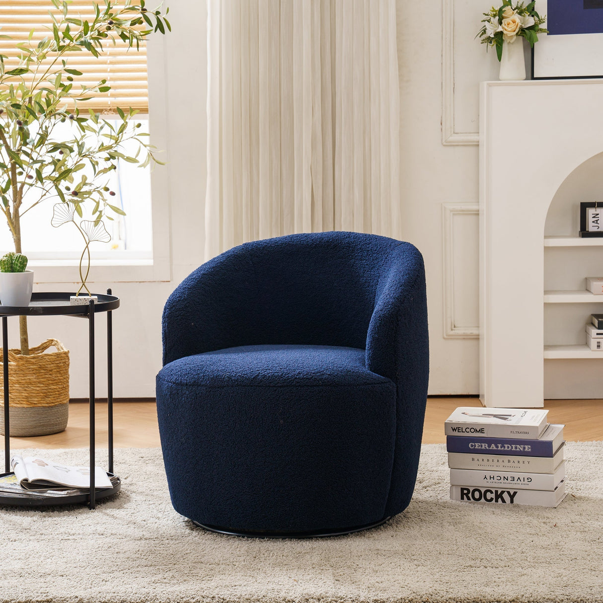 Teddy Fabric Swivel Accent Armchair Barrel Chair With Black Powder Coating Metal Ring, Blue