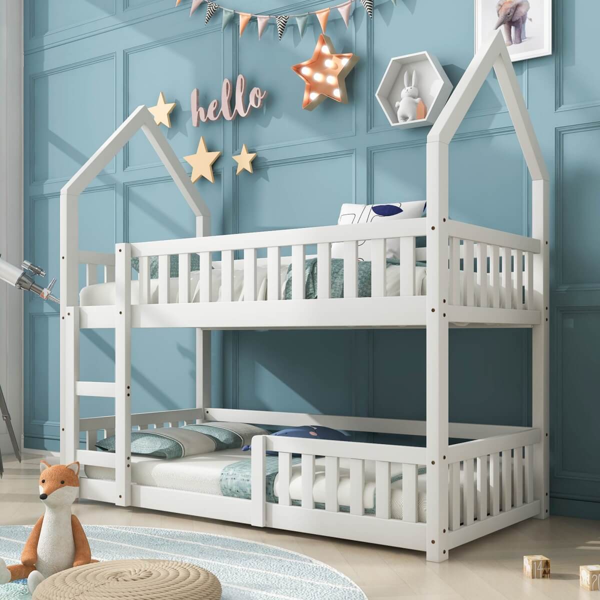 3ft Single Wooden Bunk Bed - Kids Castle Bed with Ladder, Solid Wood Frame & Gaming Space, White