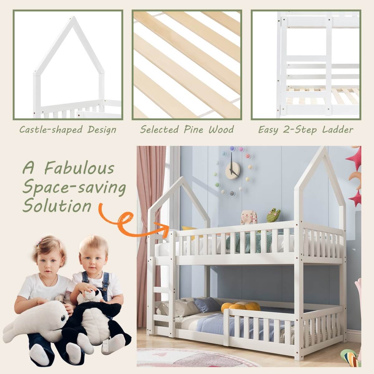 3ft Single Wooden Bunk Bed - Kids Castle Bed with Ladder, Solid Wood Frame & Gaming Space, White