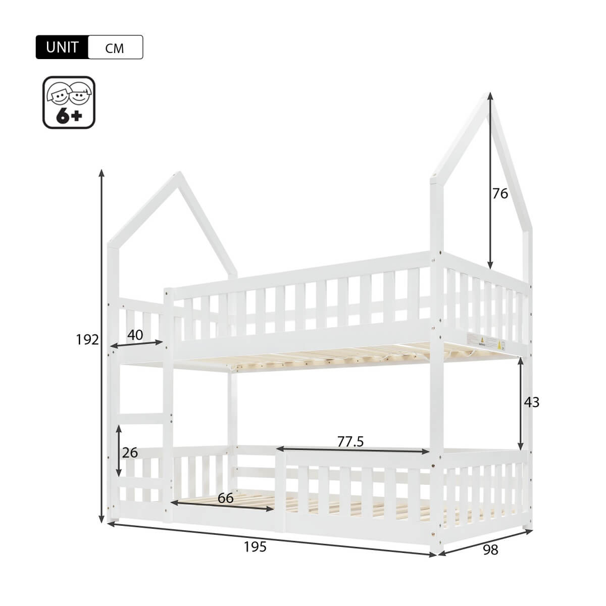 3ft Single Wooden Bunk Bed - Kids Castle Bed with Ladder, Solid Wood Frame & Gaming Space, White