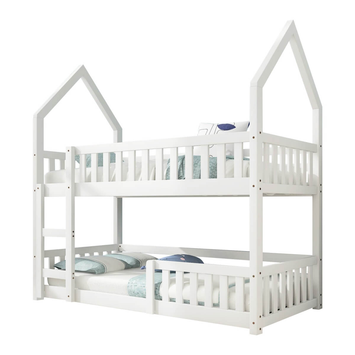 3ft Single Wooden Bunk Bed - Kids Castle Bed with Ladder, Solid Wood Frame & Gaming Space, White