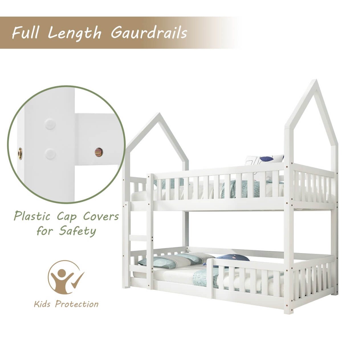 3ft Single Wooden Bunk Bed - Kids Castle Bed with Ladder, Solid Wood Frame & Gaming Space, White