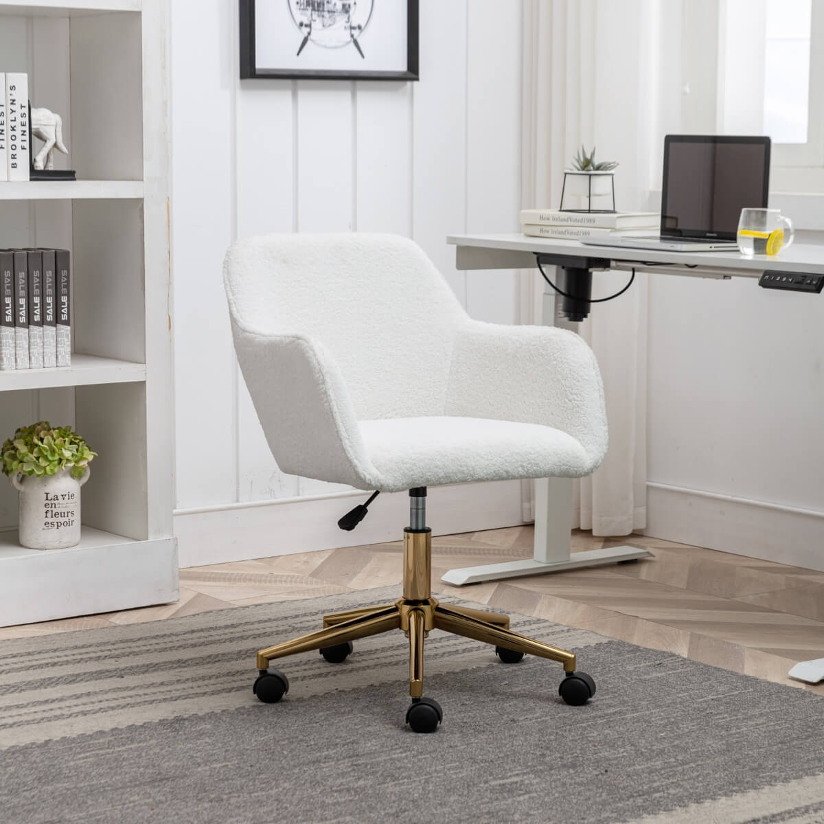 Teddy Fabric Office Chair - Adjustable Height Swivel Chair with Gold Legs, White