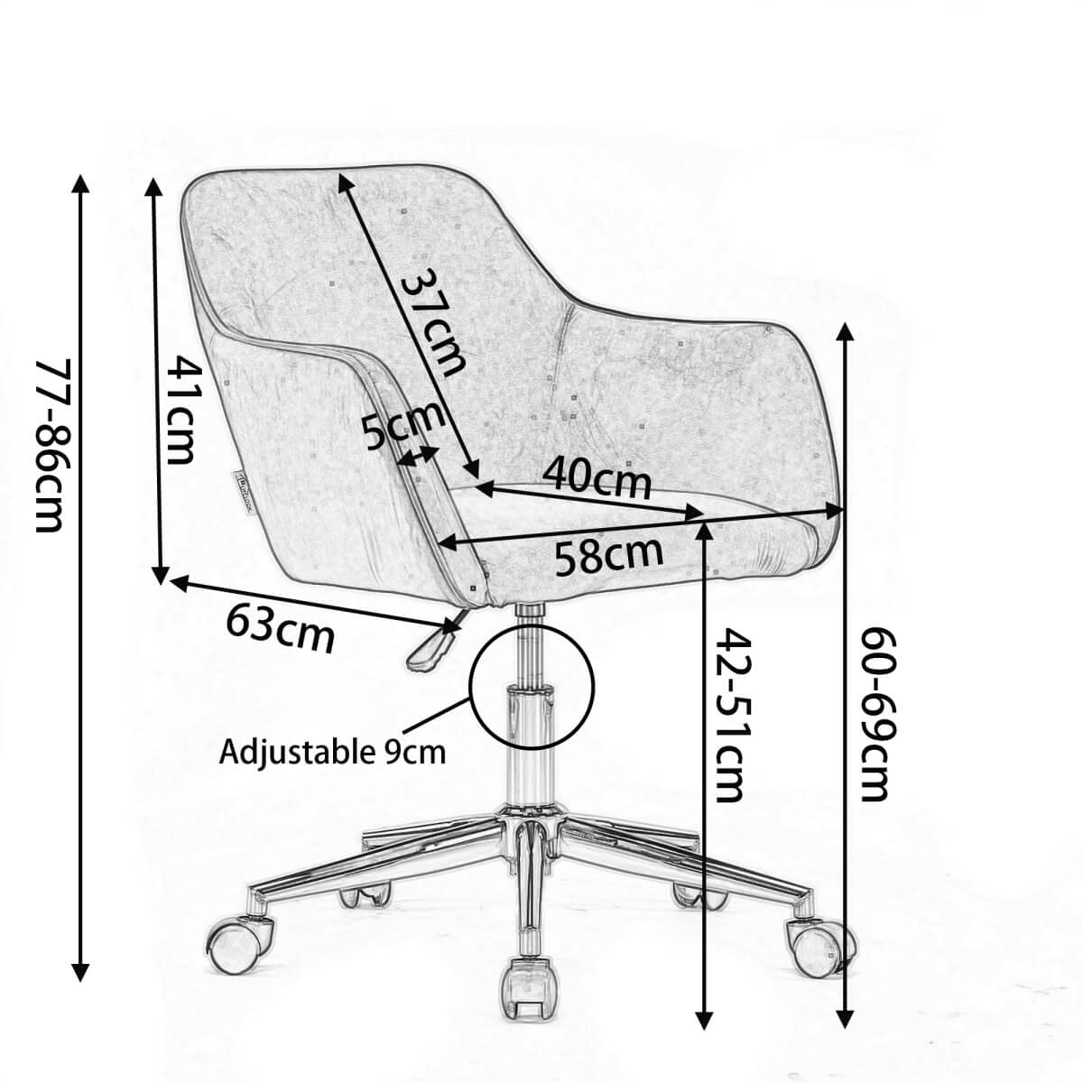 Teddy Fabric Office Chair - Adjustable Height Swivel Chair with Gold Legs, White