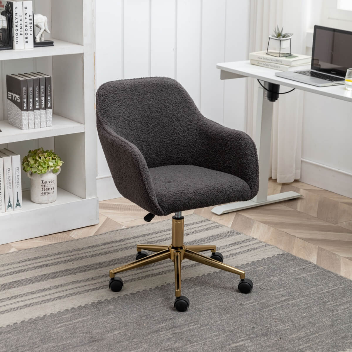 Teddy Fabric Swivel Office Chair - Adjustable Height with Gold Legs, Dark Grey