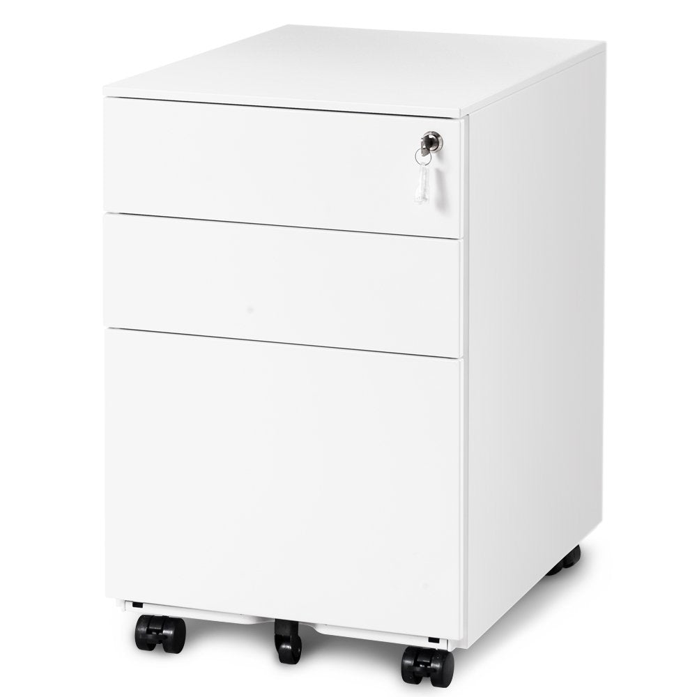 Mobile File Cabinet 3 Drawers 5 Wheels Lockable Storage for A4 Metal Solid Pedestal with Keys