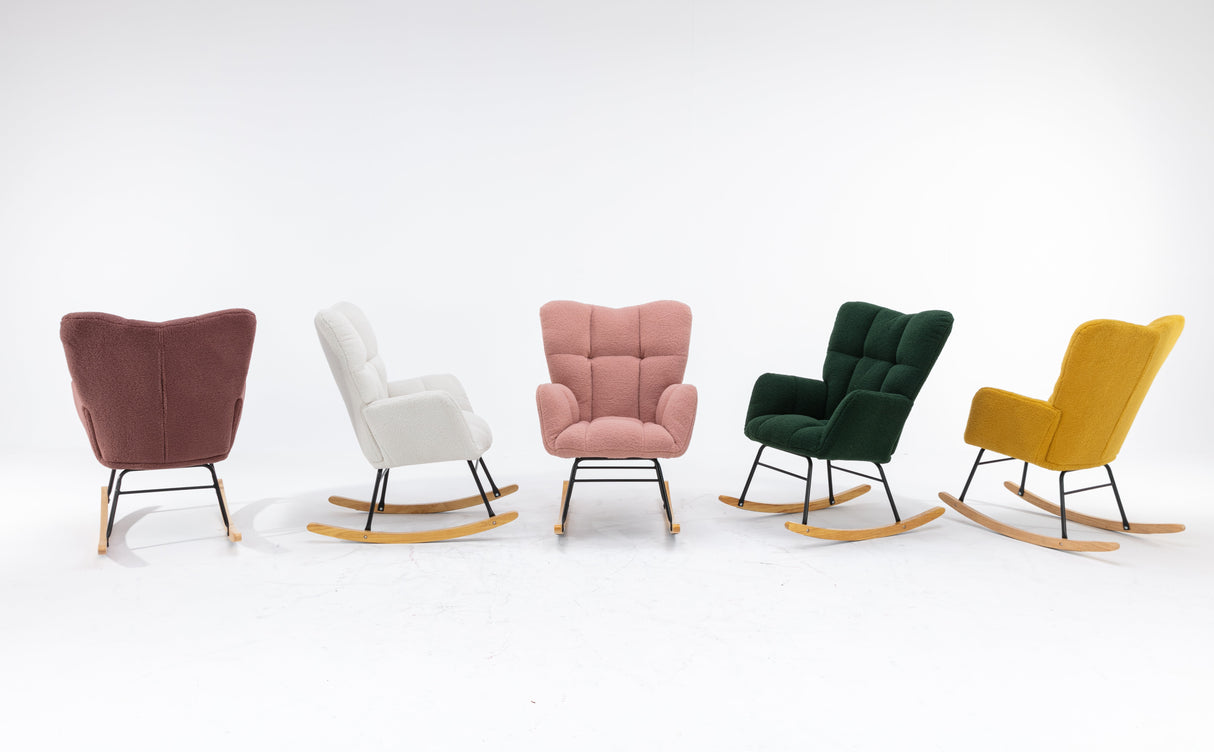 Mid Century Modern Rocking Chair, Teddy Fabric Tufted Upholstered, Padded Seat for Living Room Bedroom, Yellow