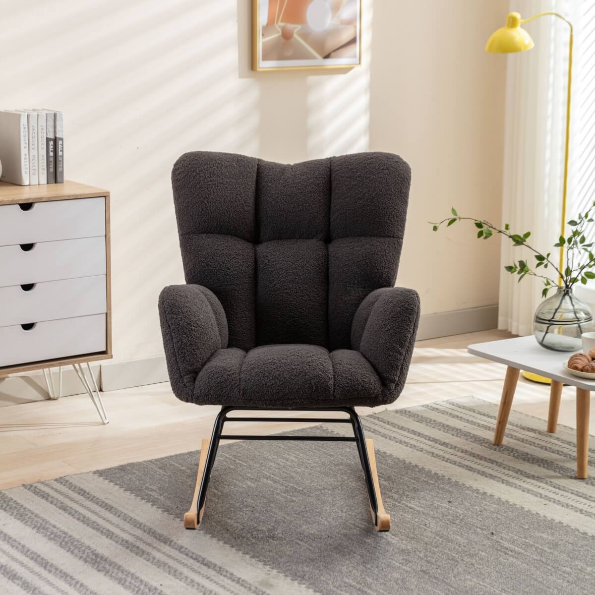 Teddy Fabric Rocking Chair - Mid Century Modern, Tufted Upholstered, Dark Grey
