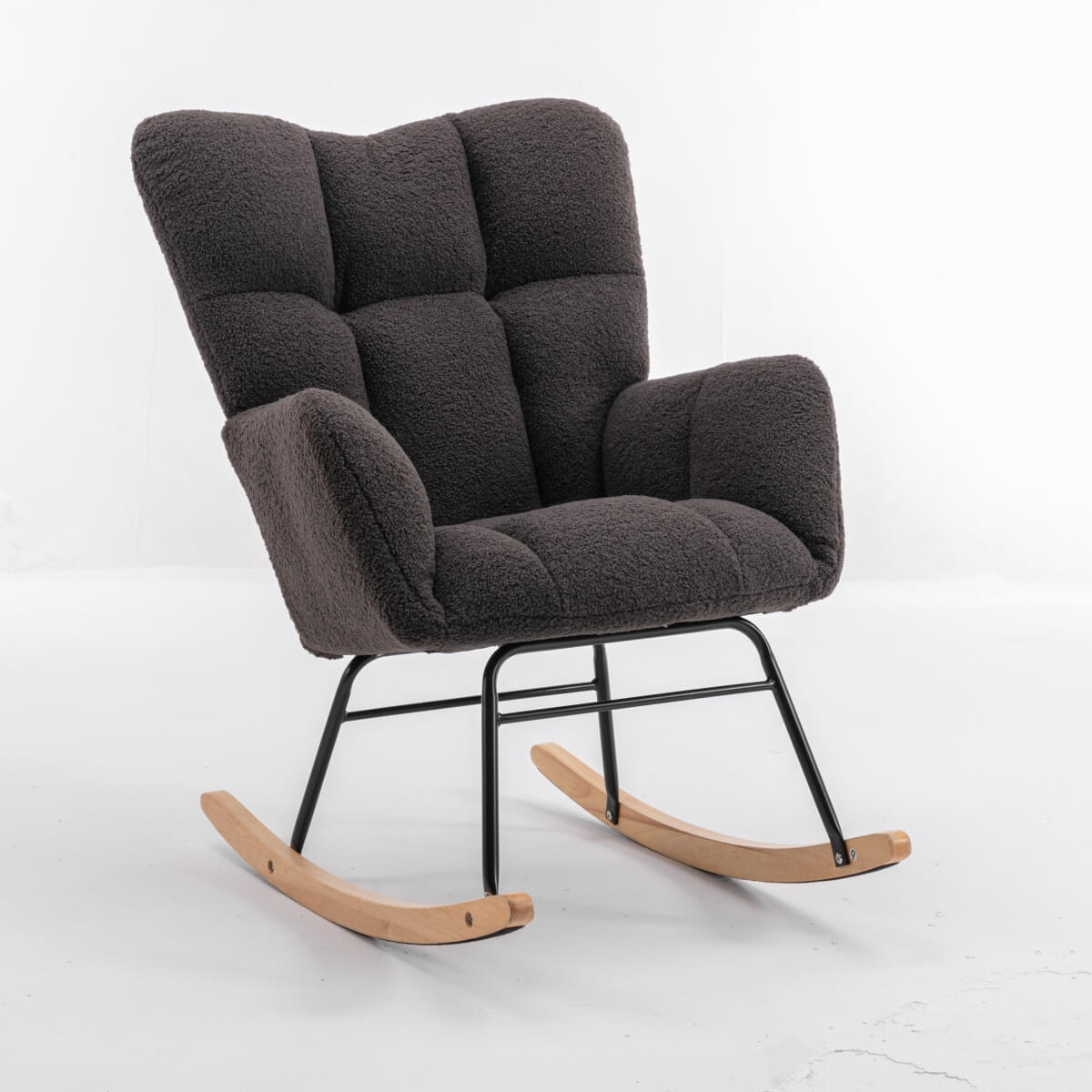 Teddy Fabric Rocking Chair - Mid Century Modern, Tufted Upholstered, Dark Grey