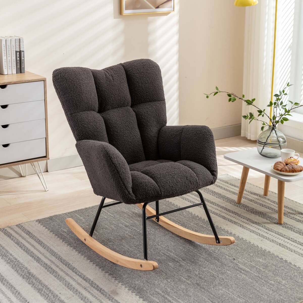 Teddy Fabric Rocking Chair - Mid Century Modern, Tufted Upholstered, Dark Grey