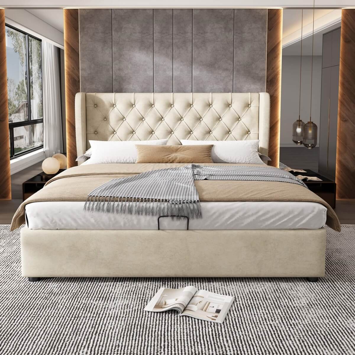 4ft6 Double Velvet Storage Bed with Hydraulic Lift - Upholstered Bed Frame, Beige