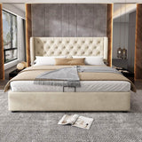 4ft6 Double Velvet Storage Bed with Hydraulic Lift - Upholstered Bed Frame, Beige