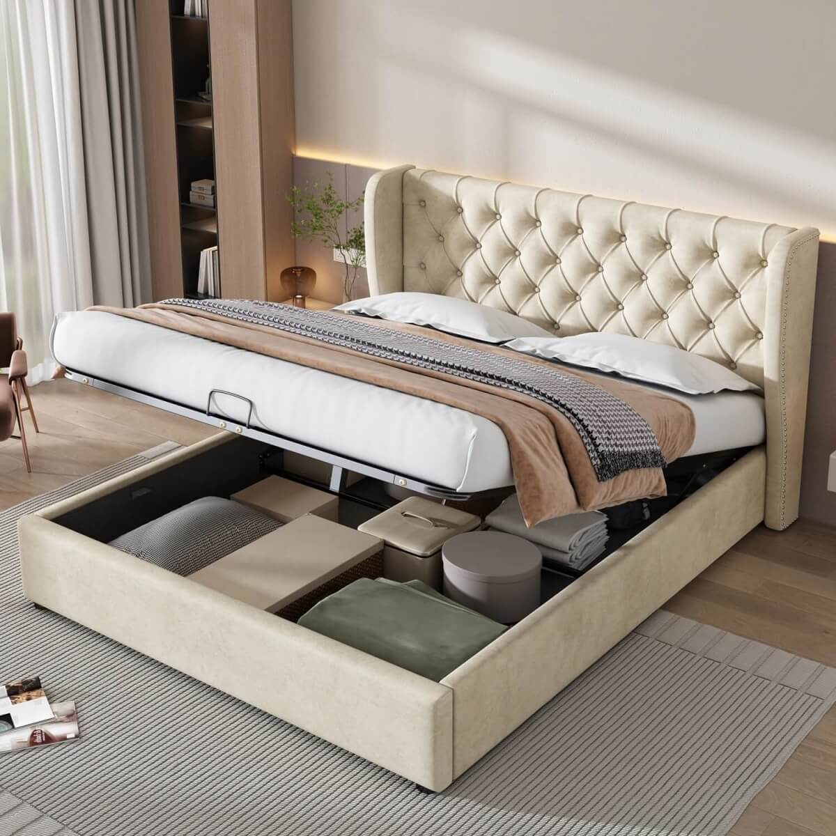 4ft6 Double Velvet Storage Bed with Hydraulic Lift - Upholstered Bed Frame, Beige