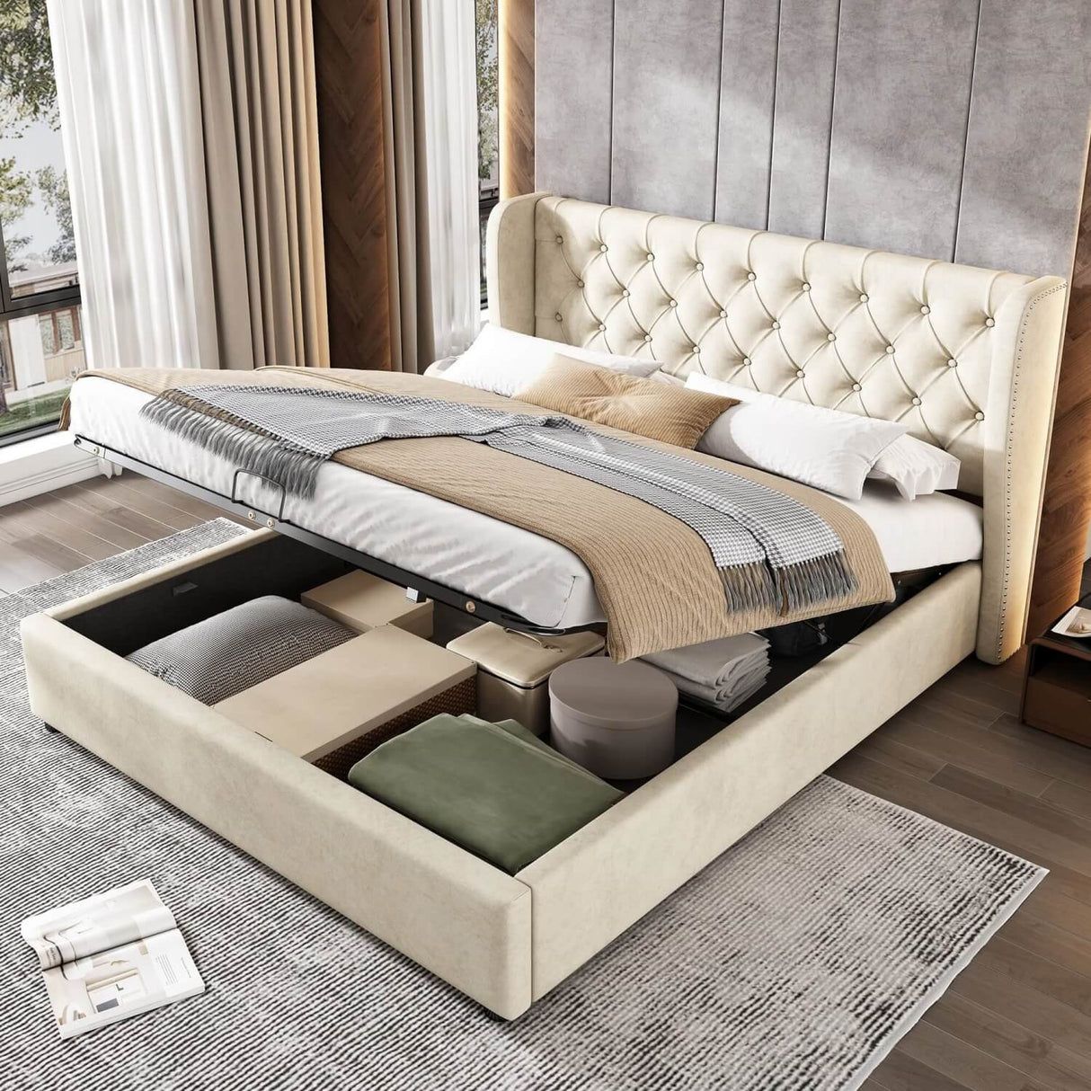 4ft6 Double Velvet Storage Bed with Hydraulic Lift - Upholstered Bed Frame, Beige