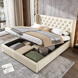 4ft6 Double Velvet Storage Bed with Hydraulic Lift - Upholstered Bed Frame, Beige