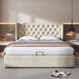 4ft6 Double Velvet Storage Bed with Hydraulic Lift - Upholstered Bed Frame, Beige