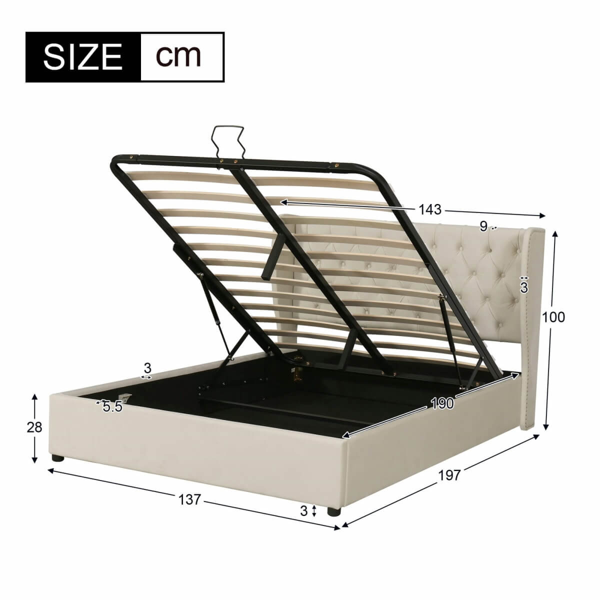 4ft6 Double Velvet Storage Bed with Hydraulic Lift - Upholstered Bed Frame, Beige