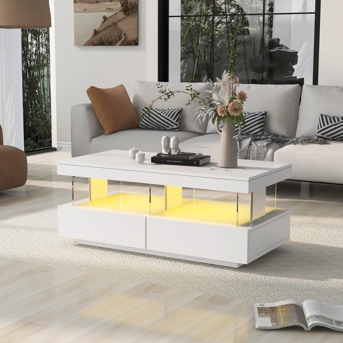 White High Gloss LED Coffee Table with 2 Drawers - Modern Storage Tea Table with 16 Colour Lights