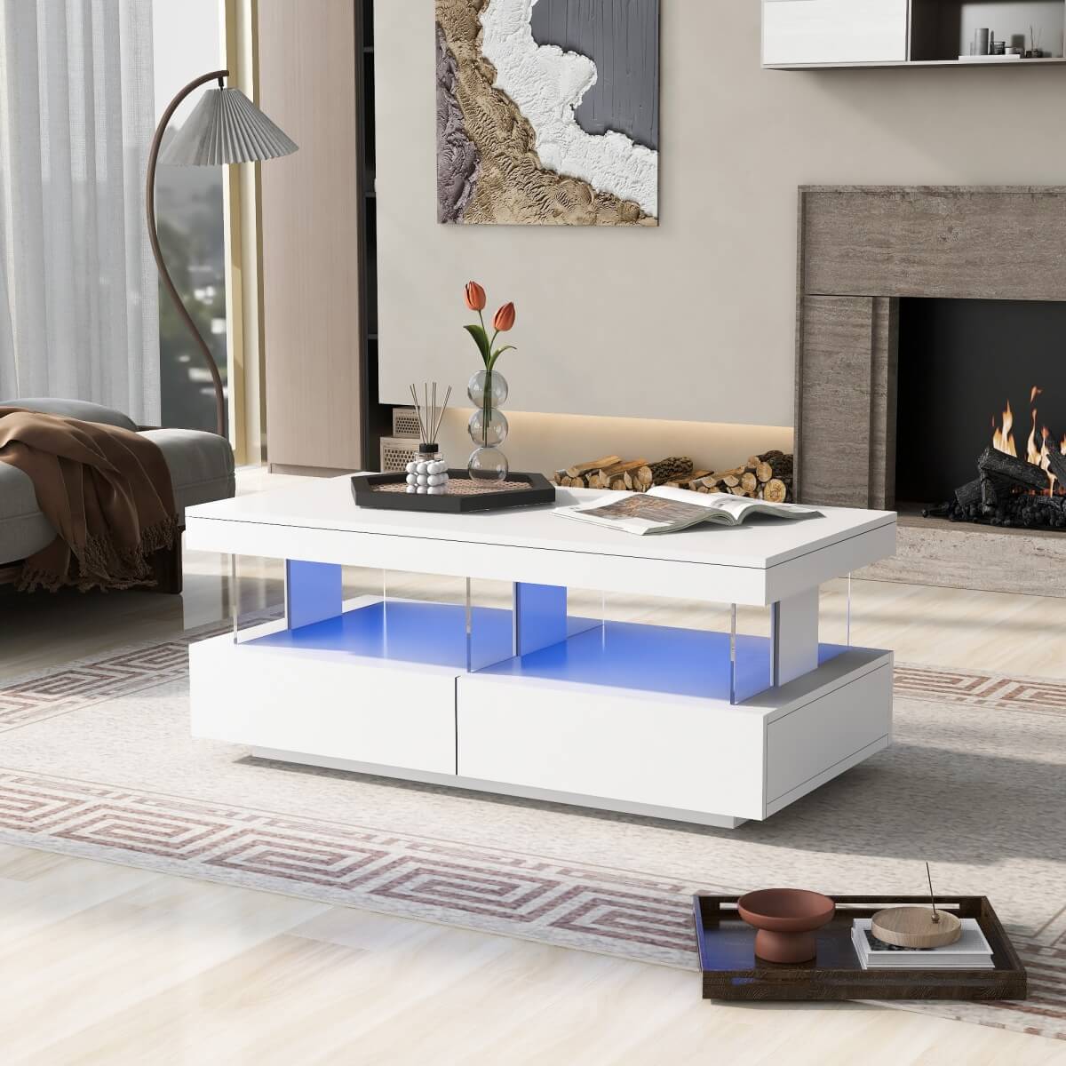 White High Gloss LED Coffee Table with 2 Drawers - Modern Storage Tea Table with 16 Colour Lights