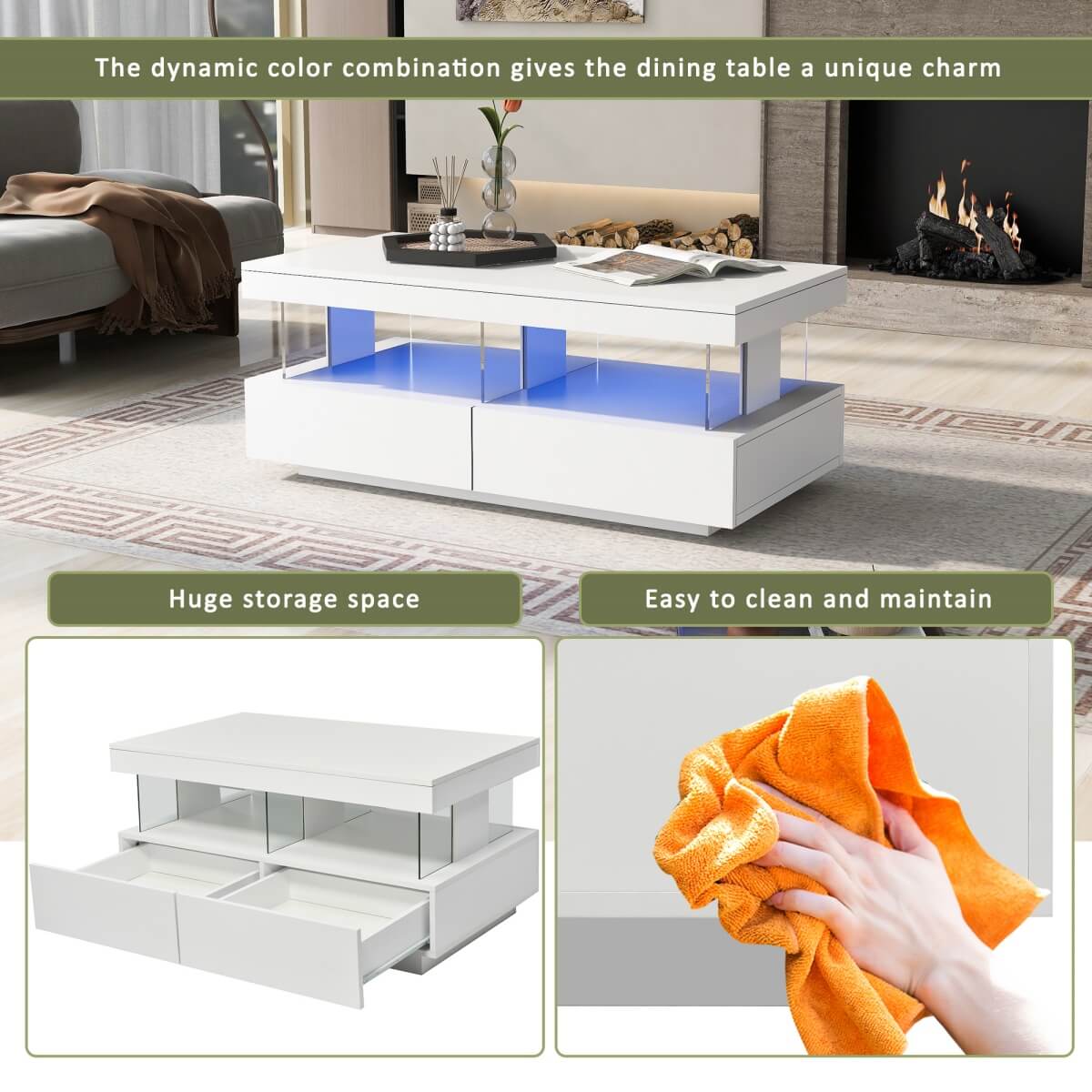 White High Gloss LED Coffee Table with 2 Drawers - Modern Storage Tea Table with 16 Colour Lights