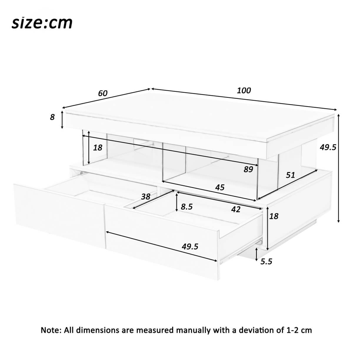 White High Gloss LED Coffee Table with 2 Drawers - Modern Storage Tea Table with 16 Colour Lights