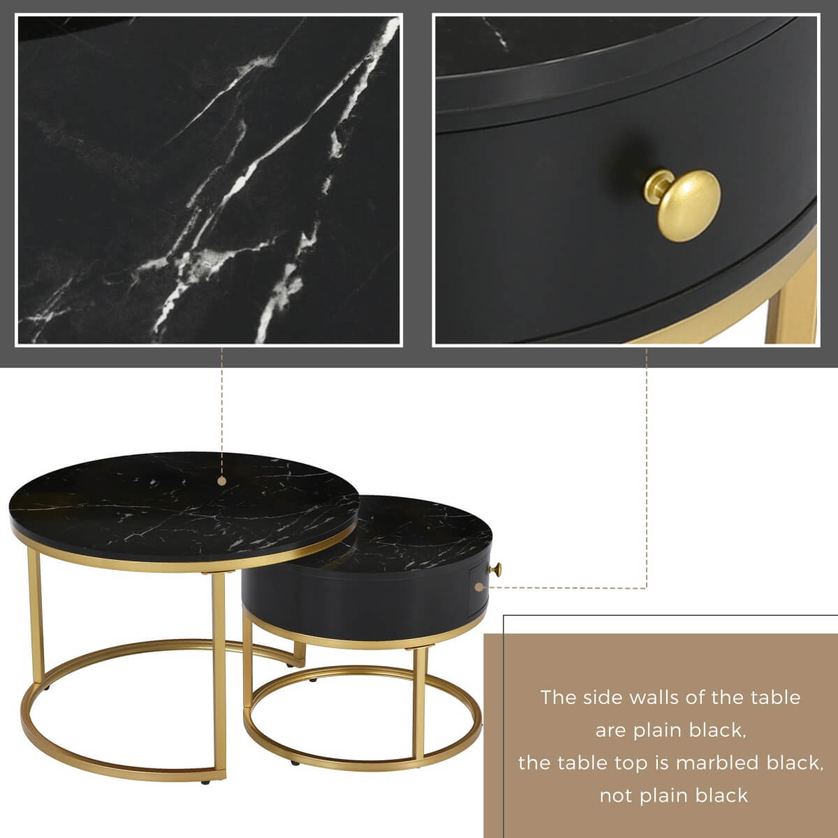 Set of 2 Round Nesting Coffee Tables with Drawer - Marble Effect Tops and Gold Metal Frames, Living Room Side Tables