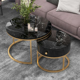 Round Coffee Tables with drawer, Removable Set of 2 End Table, Nesting Tables with Storage Gold Metal Frame Legs and Marble Pattern Top