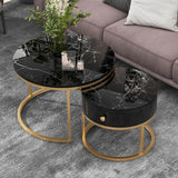 Set of 2 Round Nesting Coffee Tables with Drawer - Marble Effect Tops and Gold Metal Frames, Living Room Side Tables