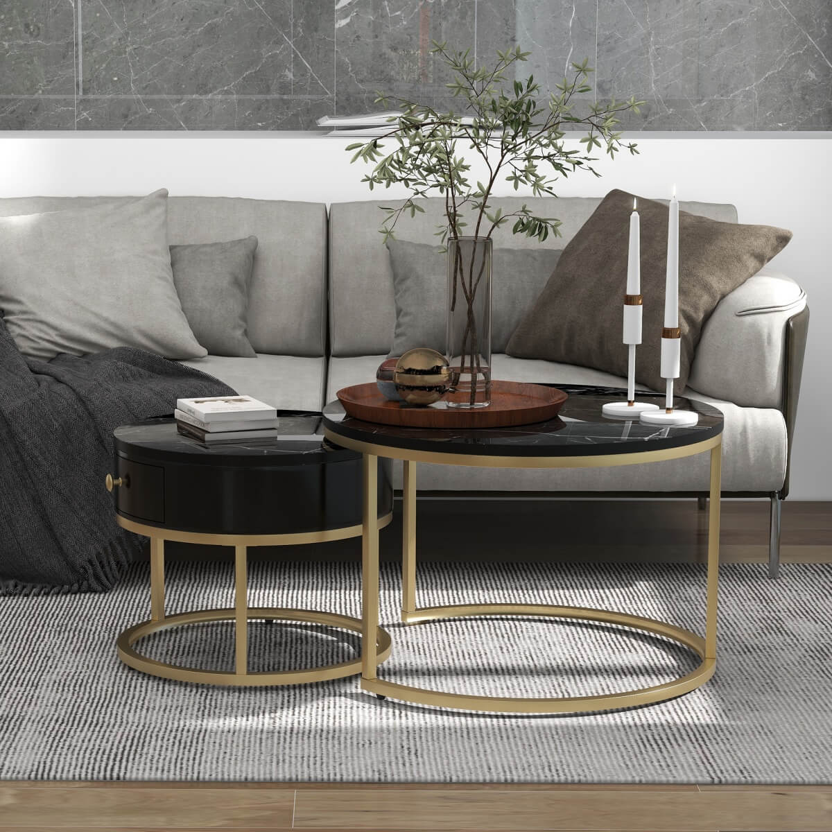 Set of 2 Round Nesting Coffee Tables with Drawer - Marble Effect Tops and Gold Metal Frames, Living Room Side Tables