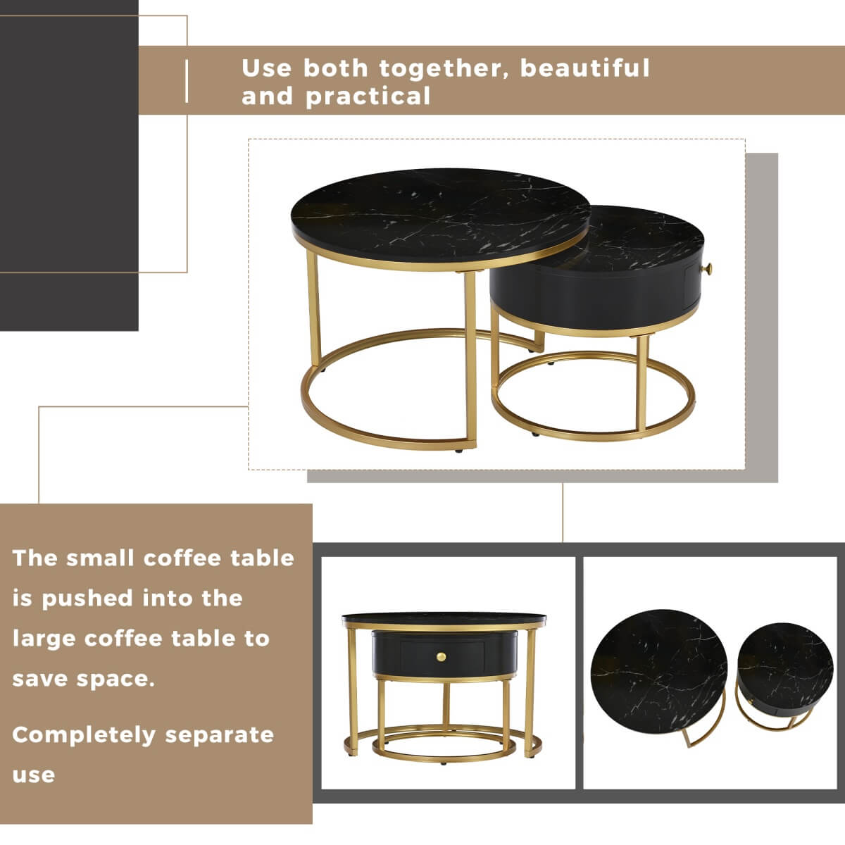 Set of 2 Round Nesting Coffee Tables with Drawer - Marble Effect Tops and Gold Metal Frames, Living Room Side Tables
