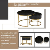 Set of 2 Round Nesting Coffee Tables with Drawer - Marble Effect Tops and Gold Metal Frames, Living Room Side Tables
