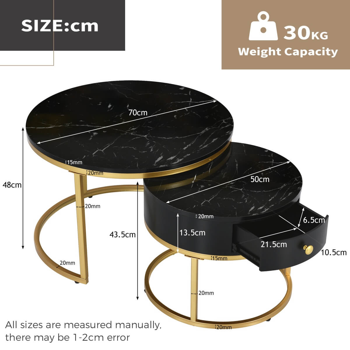 Set of 2 Round Nesting Coffee Tables with Drawer - Marble Effect Tops and Gold Metal Frames, Living Room Side Tables