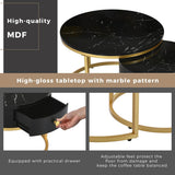 Set of 2 Round Nesting Coffee Tables with Drawer - Marble Effect Tops and Gold Metal Frames, Living Room Side Tables
