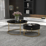 Round Coffee Tables with drawer, Removable Set of 2 End Table, Nesting Tables with Storage Gold Metal Frame Legs and Marble Pattern Top