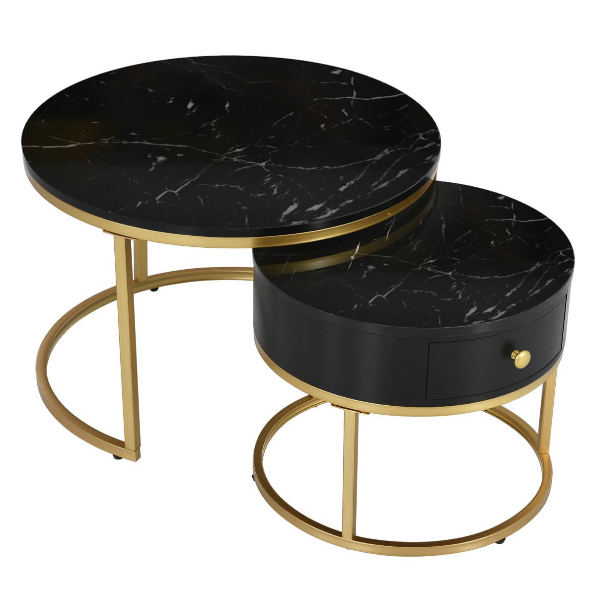 Set of 2 Round Nesting Coffee Tables with Drawer - Marble Effect Tops and Gold Metal Frames, Living Room Side Tables