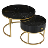 Set of 2 Round Nesting Coffee Tables with Drawer - Marble Effect Tops and Gold Metal Frames, Living Room Side Tables